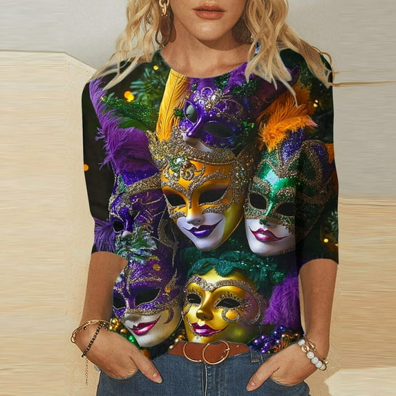 Cavosen Carnival Day Women's 3/4 Sleeve Tops Dressy Festival Mardi Gras Crewneck Tops Mask Graphic Print Shirts Holiday Trendy Blouse Casual Athletic Tees Party Shrove Tuesday T-Shirts 4XL