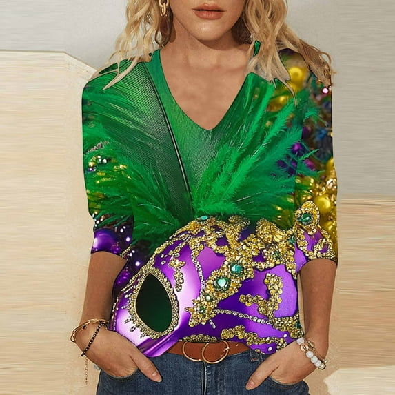 Cavosen Carnival Day Women's Blouses 3/4 Sleeve Tunic Festival Mardi Gras V Neck Tops Mask Graphic Print Blouse Holiday Novelty Shirts Dressy Going out T-Shirts Party Shrove Tuesday L