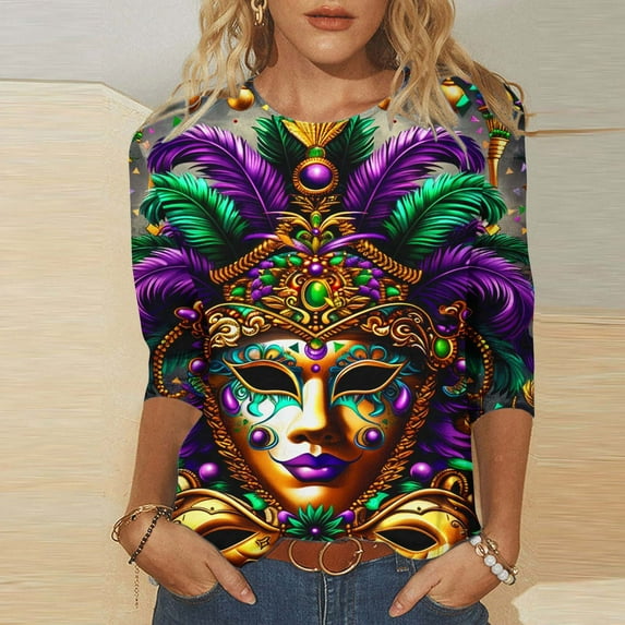 Cavosen Carnival Day Women's Three Quarter Sleeve Tops and Blouses Festival Mardi Gras Round Neck Shirts Mask Graphic Print Blouse Holiday Stylish Tops Casual Athletic Tees Party Tuesday S