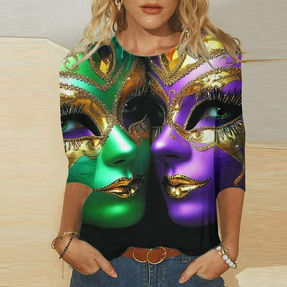 Cavosen Carnival Day Women's Three Quarter Sleeve Tops and Blouses Holiday Mardi Gras Round Neck Tops Mask Graphic Print Shirts Festival Fashion Blouse Loose Athletic Tees Party Green L