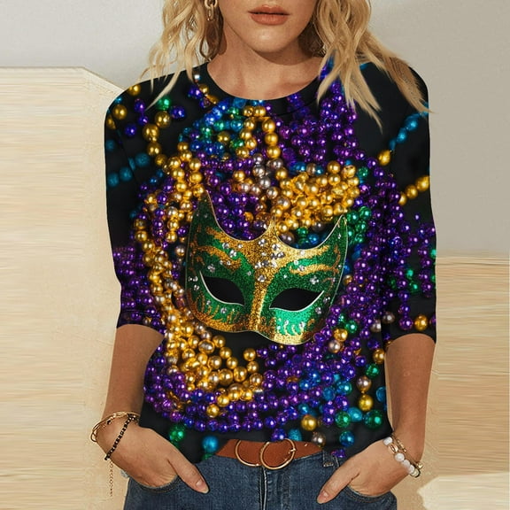 Cavosen Carnival Day Womens 3/4 Length Sleeve Tops Crew Neck Festival Mardi Gras Blouse Mask Graphic Print Tops Holiday Fashion Shirts Dressy Athletic Tees Party Shrove Tuesday Blue XL