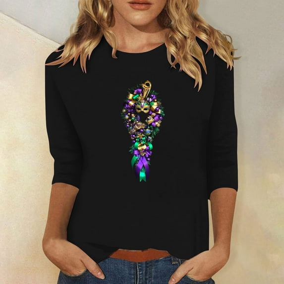 Cavosen Carnival Day Womens 3/4 Sleeve T Shirts Casual Festival Mardi Gras Crewneck Tops Mask Graphic Print Blouse Holiday Novelty Shirts Loose Going out Tees Party Shrove Tuesday Black L