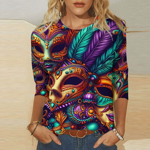 Cavosen Carnival Day Womens 3/4 Sleeve T Shirts Casual Festival Mardi Gras Crewneck Tops Mask Graphic Print Blouse Holiday Trendy Shirts Loose Workout Tees Party Shrove Tuesday T-Shirts 2XL
