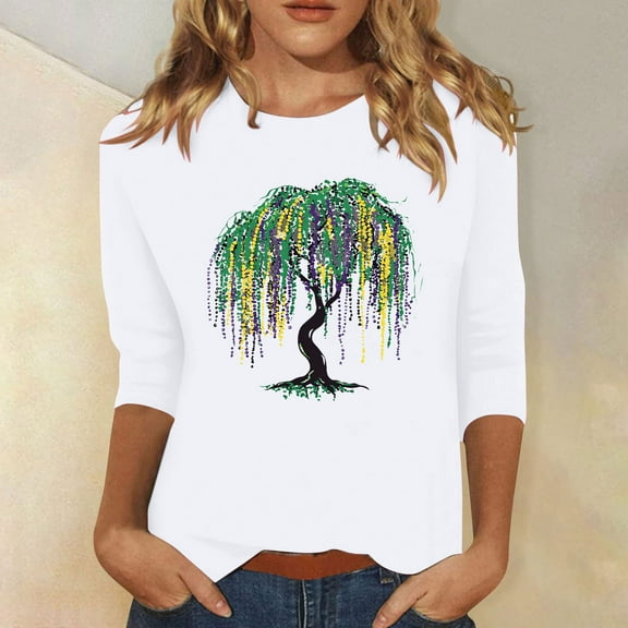 Cavosen Carnival Day Womens 3/4 Sleeve T Shirts Casual Holiday Mardi Gras Crewneck Blouse Tree Graphic Print Shirts Festival Stylish Tops Dressy Going out Tees Party Tuesday White S