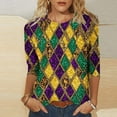 thumbnail image 1 of Cavosen Carnival Day Womens 3/4 Sleeve Tops Loose Fit Festival Mardi Gras Round Neck Tops Argyle Graphic Print Blouse Holiday Novelty Shirts Casual Athletic T-Shirts Party Tuesday 3XL, 1 of 5