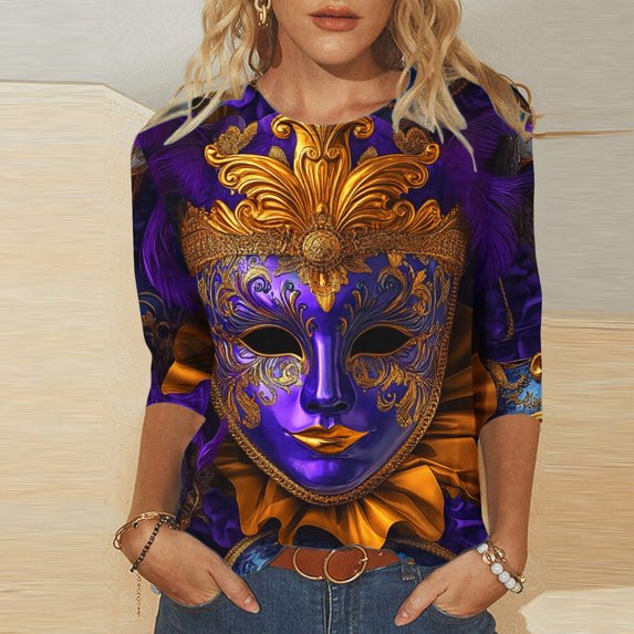 Cavosen Carnival Day Womens Blouses 3/4 Sleeve Holiday Mardi Gras Crewneck Shirts Mask Graphic Print Tops Festival Fashion Blouse Dressy Going out Tees Party Shrove Tuesday T-Shirts L