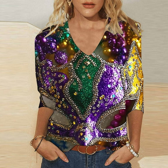 Cavosen Carnival Day Womens Dressy Tops 3/4 Length Sleeves Holiday Mardi Gras V Neck Tops Mask Graphic Print Shirts Festival Trendy Blouse Casual Workout Tees Party Shrove Tuesday 3XL