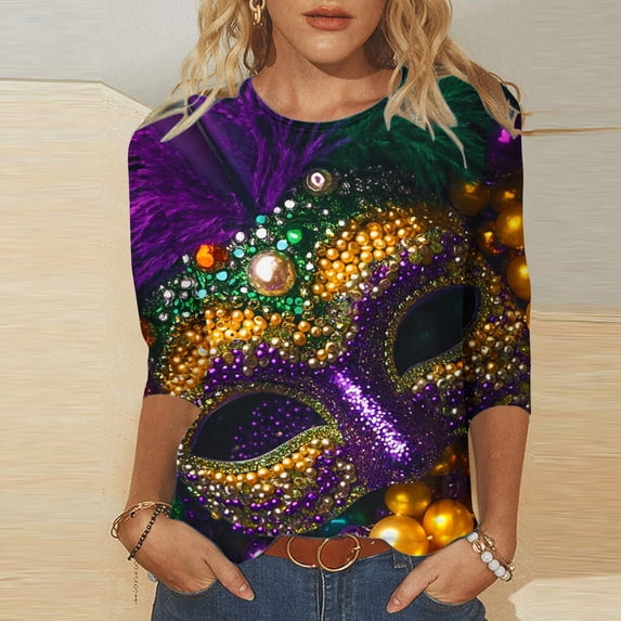 Cavosen Carnival Day Womens Shirts 3/4 Sleeve Festival Mardi Gras Crewneck Tops Mask Graphic Print Blouse Holiday Trendy Shirts Casual Going out T-Shirts Party Shrove Tuesday Tees M