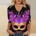 thumbnail image 1 of Cavosen Carnival Day Womens Tops Casual 3/4 Sleeve Festival Mardi Gras V Neck Shirts Mask Graphic Print Tops Holiday Novelty Blouse Loose Athletic T-Shirts Party Shrove Tuesday Tees 3XL, 1 of 4