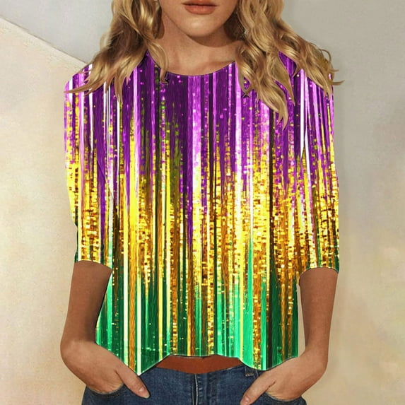 Cavosen Carnival Ladies Tops 3/4 Lengh Sleeve Mardi Gras Shiny Color Block Shirts Crewneck Party Festival Blouse Comfy Stylish Holiday Tops Dressy Party Funny T-Shirt Purple 2XL