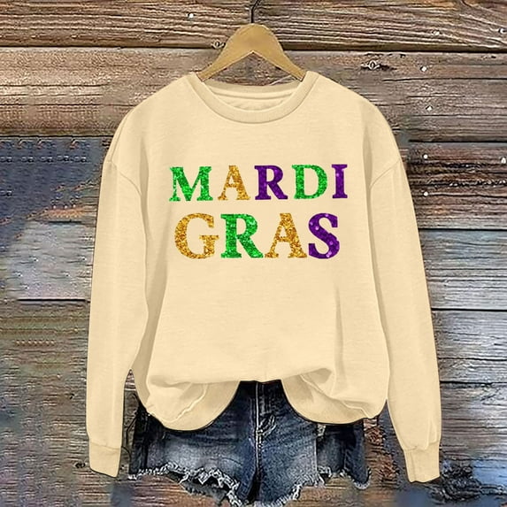 Cavosen Carnival T Shirts for Women 3/4 Length Sleeves Mardi Gras Letter Graphic Print Shirts Crewneck Party Festival Blouse Casual Trendy Holiday Tops Dressy Party Funny Tees Beige L