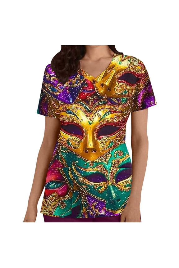 Carnival Women's Scrub Tops Short Sleeve V Neck Soft Shirt with Pocket Mask Print Lightweight Tops Casual Workwear