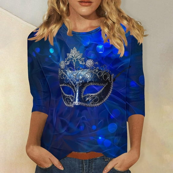 Cavosen Carnival Womens 3/4 Sleeve Tops Blouses Mardi Gras Mask Graphic Print Shirts Round Neck Party Holiday Tops Loose Trendy Festival Blouse Dressy Party Funny Tees XL