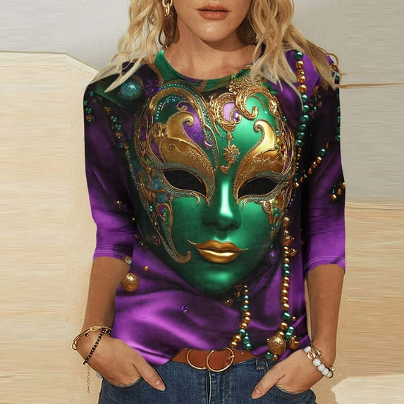Cavosen Carnival Womens 3/4 Sleeve Tops T Shirts Mardi Gras Shiny Mask Graphic Print Blouse Round Neck Party Holiday Shirts Loose Trendy Festival Tops Dressy Party Funny T-Shirt 2XL