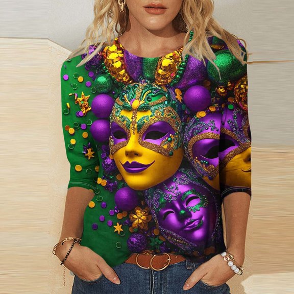 Cavosen Carnival Womens Dressy Tops 3/4 Length Sleeves Mardi Gras Shiny Mask Graphic Print Tops Round Neck Party Holiday Shirts Comfy Trendy Festival Blouse Party Funny T-Shirt 2XL