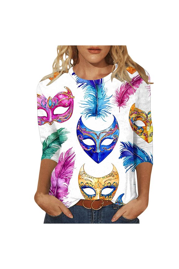 Carnival Work Blouse 3/4 Sleeve Crew Neck Sweatshirt Mask Graphic Lightweight Oversized Pullover Soft Fall Orleans Party Tops