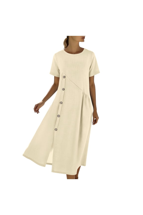 Casual Dress for Women Linen Short Sleeve Crewneck Dress Slit Ladies Maxi Dress Solid Loose Dress with Pocket