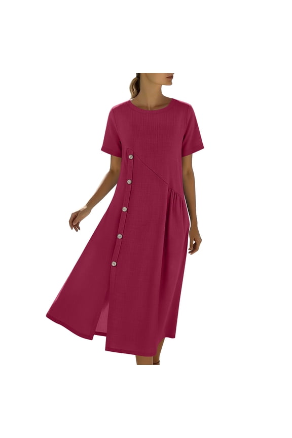 Casual Dress for Women Linen Short Sleeve Crewneck Dress Slit Ladies Maxi Dress Solid Loose Dress with Pocket
