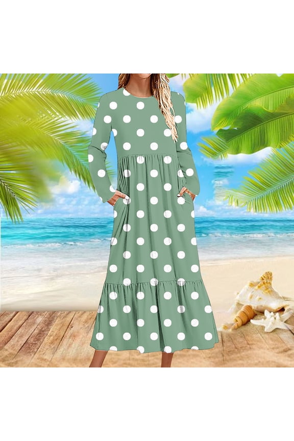 Casual Dresses for Women Long Sleeve Green Maxi Dress Smocked Tiered Crew Neck Ankle Length Long Dress Polka Dots Print Pleated Loose Dress with Pocket Fall Winter 2XL