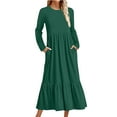thumbnail image 1 of Cavosen Casual Dresses for Women Long Sleeve Green Maxi Dress Smocked Tiered Round Neck Ankle Length Long Dress Solid Pleated Loose Dress with Pocket Fall Winter Clothes XL, 1 of 5