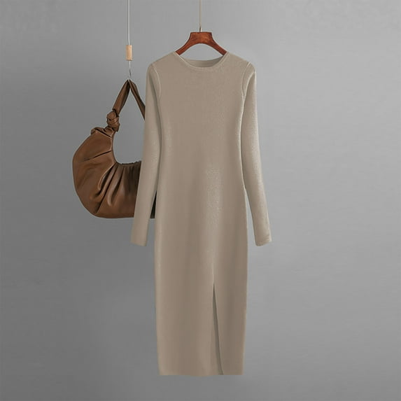 Cavosen Casual Dresses for Women Maxi Brown Knitted Long Sleeve Sweater Dress Wrap Round Neck Calf Length Long Dress Solid Side Split Warm Loose Dress Fall Winter Clothes