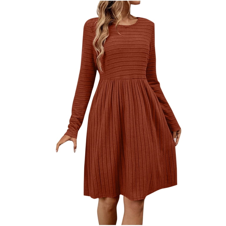 Cavosen Casual Dresses for Women Stretch Crew Neck Long Sleeve Evening Gowns Knee Length Spring Summer Dress, Women's, Size: Medium, Orange