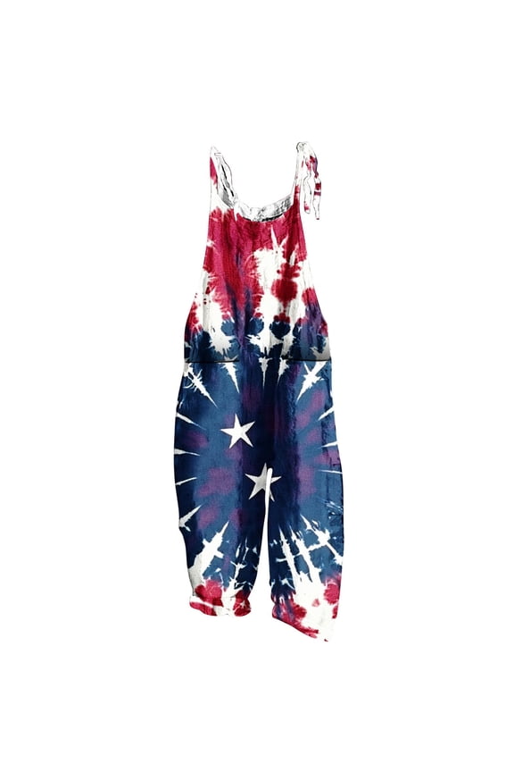 Casual Jumpsuits for Women Independence Day Oversized Patriotic Jumpsuits Wide Leg Long Overalls with Pocket Red White and Blue Going Out Rompers