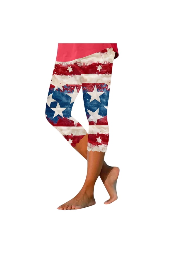 Casual Pants for Women Fourth of July High Waist Tight Leggings Lightweight Elastic Waist Cropped Trousers Summer Breathable Comfy Pants Blue L