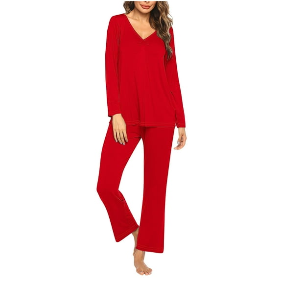 Cavosen Casual Sets for Women 2 Piece Pajamas Outfits Sets Long Pants Long Sleeve V-Neck Sleepshirts Nightwear Solid Homewear Lightweight Casual Sleepwear Fall Winter Clothes