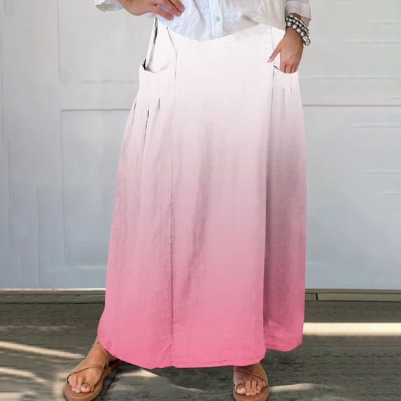 Cavosen Casual Skirts for Women Elastic Waist Gradient Midi Skirts Elegant Lightweight Flowy Trendy Dressy Calf Length Skirts with Pocket Work Loose Fall Winter Clothes Pink