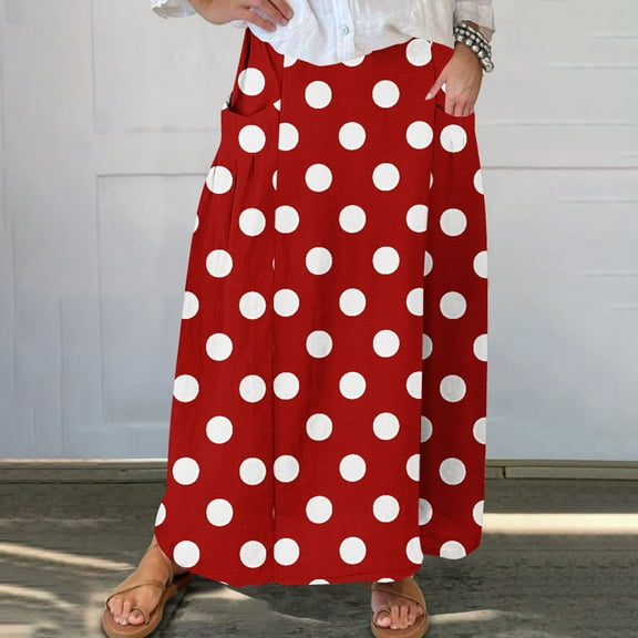 Cavosen Casual Skirts for Women Elastic Waist Polka Dots Print Midi Skirts Elegant Lightweight Flowy Trendy Calf Length Skirts with Pocket Work Loose Fall Winter Clothes Red