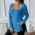 thumbnail image 1 of Cavosen Casual Tops for Women Long Sleeve Oversized Knitted Pullover Blouse Tunic Square Neck Solid Flowy Shirts Side Split Holiday Tops Novelty Loose T-Shirts Going out Tees Blue XL, 1 of 8