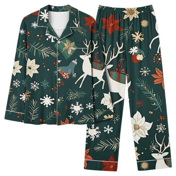 Cavosen Christmas 2 Piece Plus Size Pajamas Lapel Long Sleeve and Elastic Waist Pants Breathable Sleepwear Graphic Printed Warm Comfortable