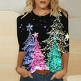 thumbnail image 1 of Cavosen Christmas 3/4 Sleeve Tops for Women Dressy Glitter Xmas Tree Print Shirts Crew Neck Blouse Festival Trendy Tops Vacation Holiday Tee Cute Athletic Party Clothes, 1 of 5