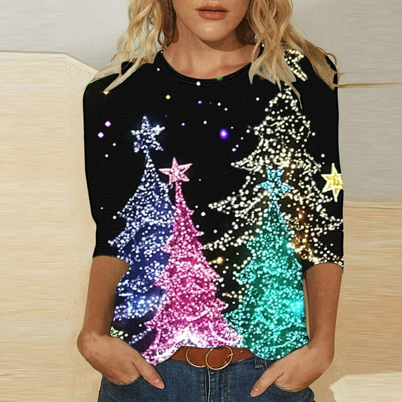 Cavosen Christmas 3/4 Sleeve Tops for Women Dressy Glitter Xmas Tree Print Shirts Crew Neck Blouse Festival Trendy Tops Vacation Holiday Tee Cute Athletic Party Clothes