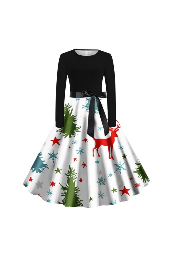Christmas Business Casual Dress for Women Crew Neck Long Sleeve Midi Evening Gowns Ball Dress Elegant Wedding Guest Cocktail Party Dress