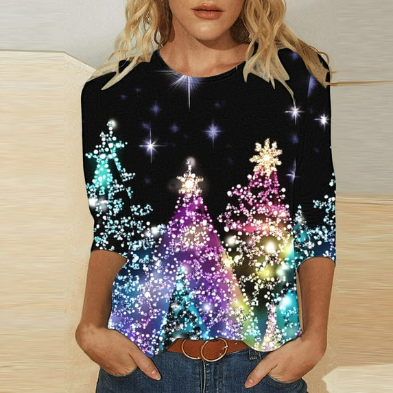 Cavosen Christmas Casual Tops for Women 3/4 Sleeves Glitter Xmas Tree Print Tops Round Neck Shirts Holiday Fashion Blouse Vacation Festival Tee Going Out Party Clothes