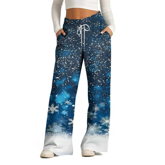 Cavosen Christmas Cute Sweatpants Wide Leg Trousers Snowflake Elastic Waist Bottoms Drawstring Lightweight Workout Pants
