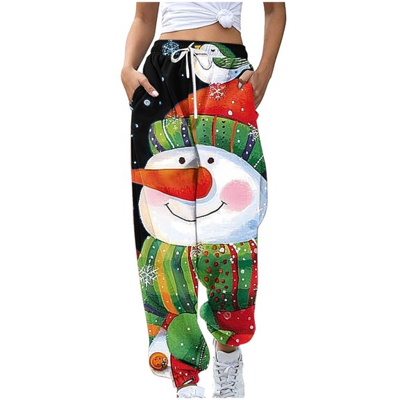 Cavosen Christmas Girl Sweatpants Plus Size Trousers Snowman Elastic Waist Bottoms Drawstring Lightweight Soft Holiday Pants