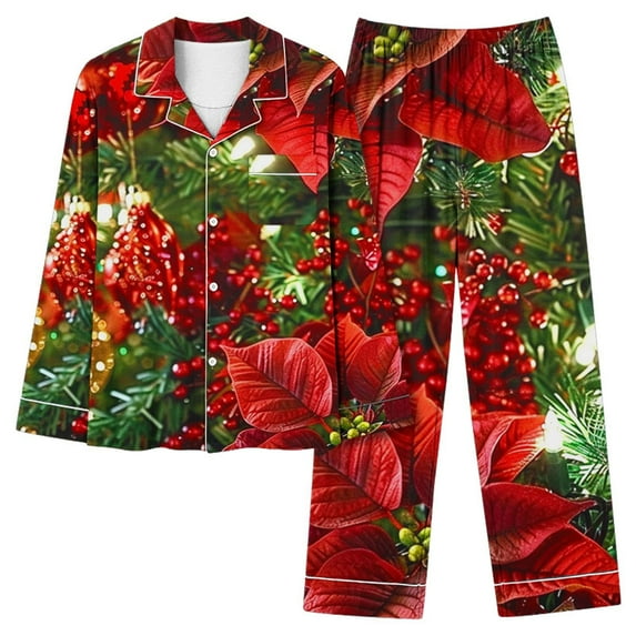 Cavosen Christmas Ladies Pajamas Sets with Pockets 2 Piece Xmas Cute Tree Print Nightwear Outfits Button down Lapel Neck Long Sleeve Tops Long Pants Pjs Soft Comfortable Sleepwear