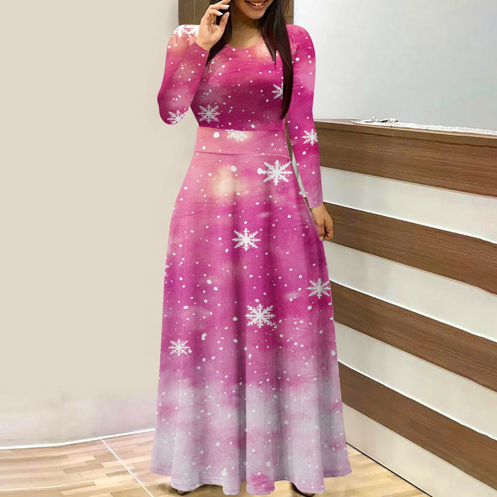 Cavosen Christmas Long Flowy Dresses for Women Xmas Cute Snowflake Print Dress Long Sleeve Patchwork Crew Neck Maxi Dress Elegant Casual Vacation Festival Party Dress Winter