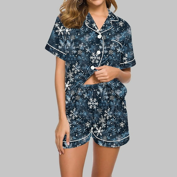 Cavosen Christmas Pajama Set Women Short Sleeve 2 Piece Xmas Cute Snowflake Print Nightwear Outfits with Pocket Button down Lapel Neck Tops Short Pants Pjs Soft Comfortable Sleepwear