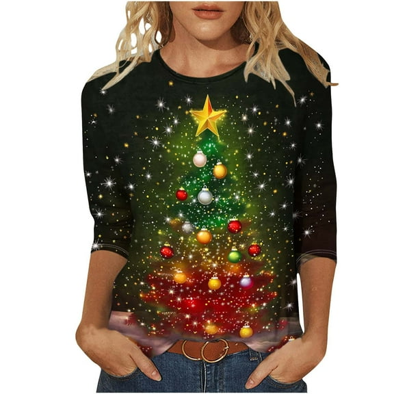 Cavosen Christmas Sweater Tops for Women Crew Neck 3/4 Length Sleeve Cute Pullover Christmas Tree Solid Stretch Blouses Lightweight Party Shirt Tops