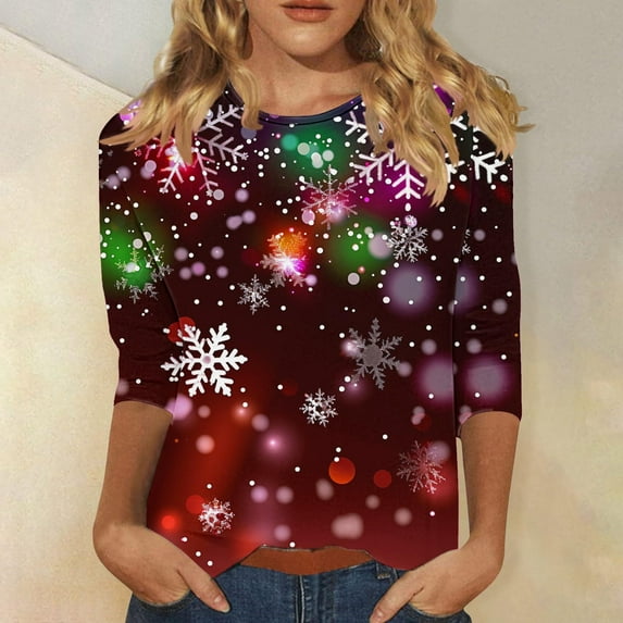 Cavosen Christmas Tops for Women 3/4 Sleeve Red Xmas Cute Snowflake Print Tops Trendy Round Neck Blouse Casual Funny Comfy Shirts Festival Vacation Going out Fall Winter Tee
