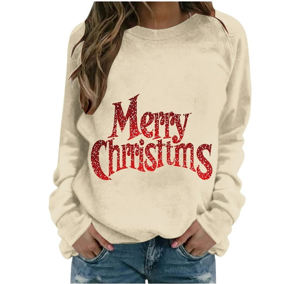 Cavosen Christmas Tops for Women Crew Neck Long Sleeve Ugly Pullover Letter Graphic Solid Stretch Loose Blouses Party Shirt Tops