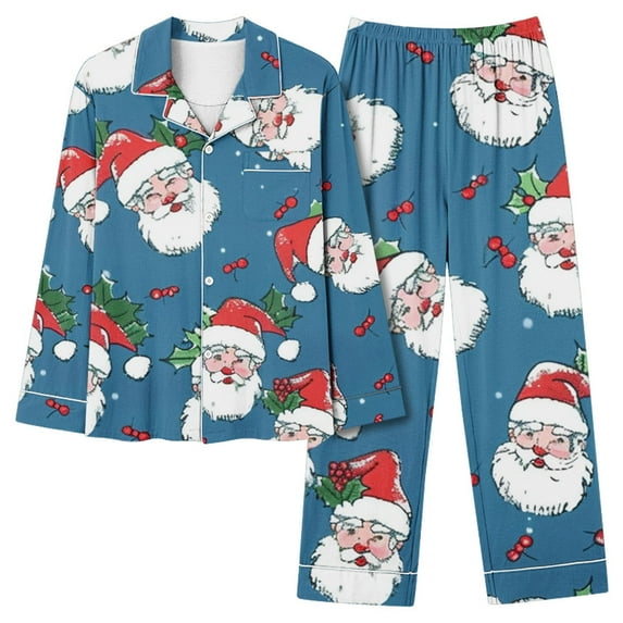 Cavosen Christmas Two Piece Lounge Set for Women Long Sleeve Pajamas Xmas Cute Santas Print Sleepwear Outfits with Pocket Button down Lapel Neck Tops Long Pants Nightwear Soft Comfortable Pjs