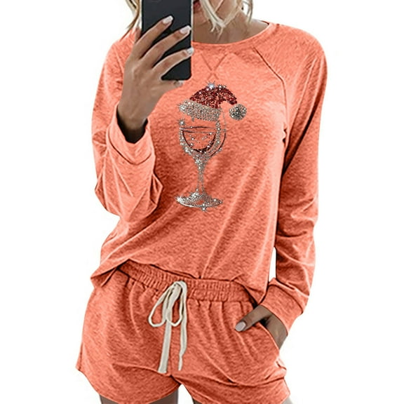 Dreluolixuan Christmas Two Piece Sweatsuit Sets for Women Long Sleeve Pullover Pants Red Wine Glass Lightweight Business Tracksuits