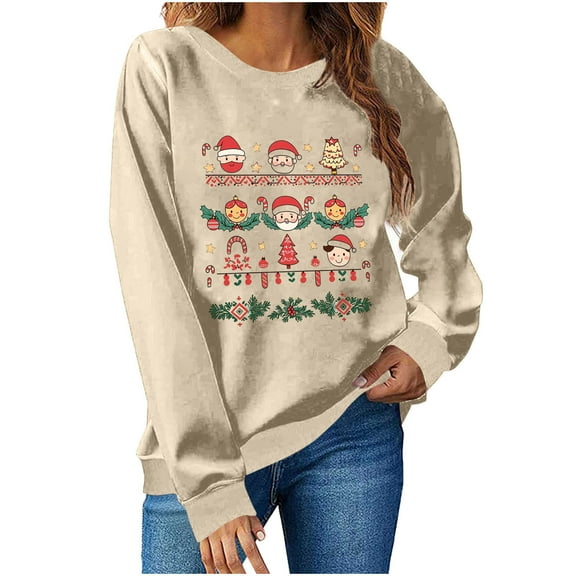 Cavosen Christmas Women's Fall Tops Crew Neck Long Sleeve Funny Pullover Santa Graphic Solid Stretch Loose Blouses Party Shirt Tops