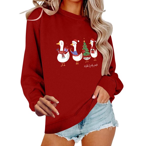 Cavosen Christmas Womens Basic Tops Crew Neck Long Sleeve Cute Pullover Graphic Solid Loose Blouses Party Shirt Tops