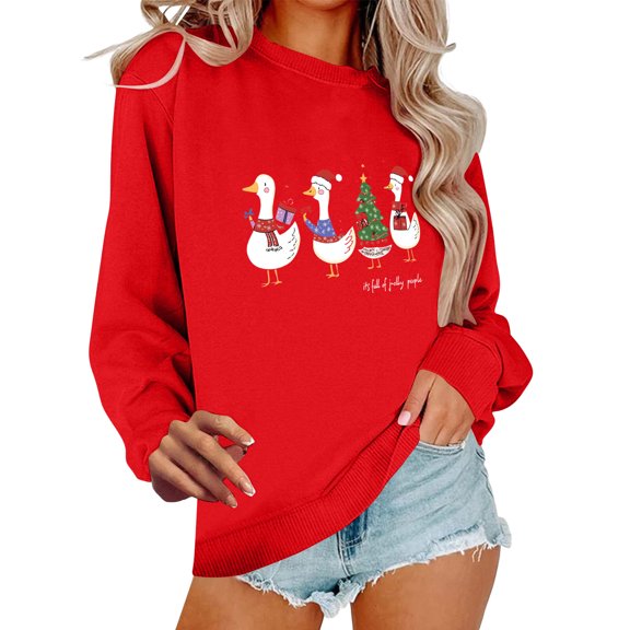 Cavosen Christmas Womens Basic Tops Crew Neck Long Sleeve Cute Pullover Graphic Solid Loose Blouses Party Shirt Tops